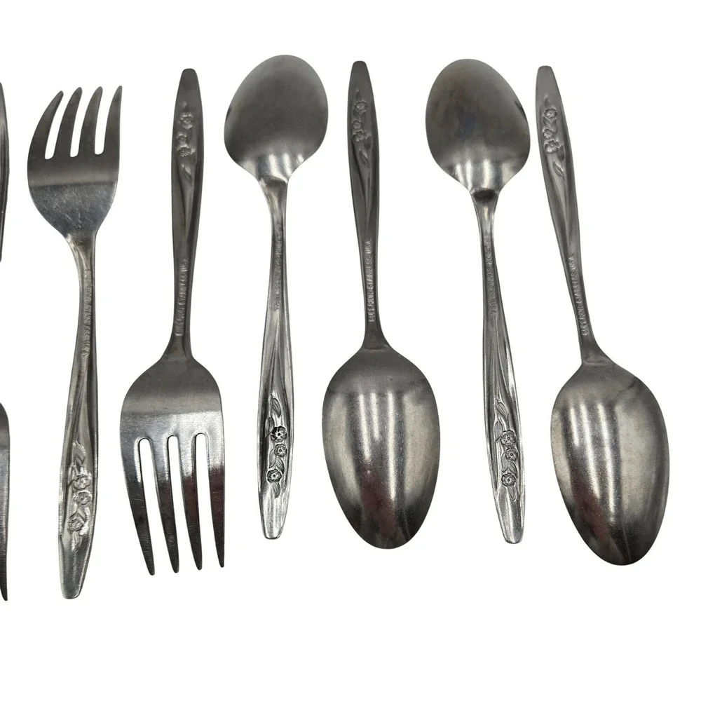 Vtg Stainless Steel Flatware Set‎ Radiant Rose Floral Design 16 Pieces
